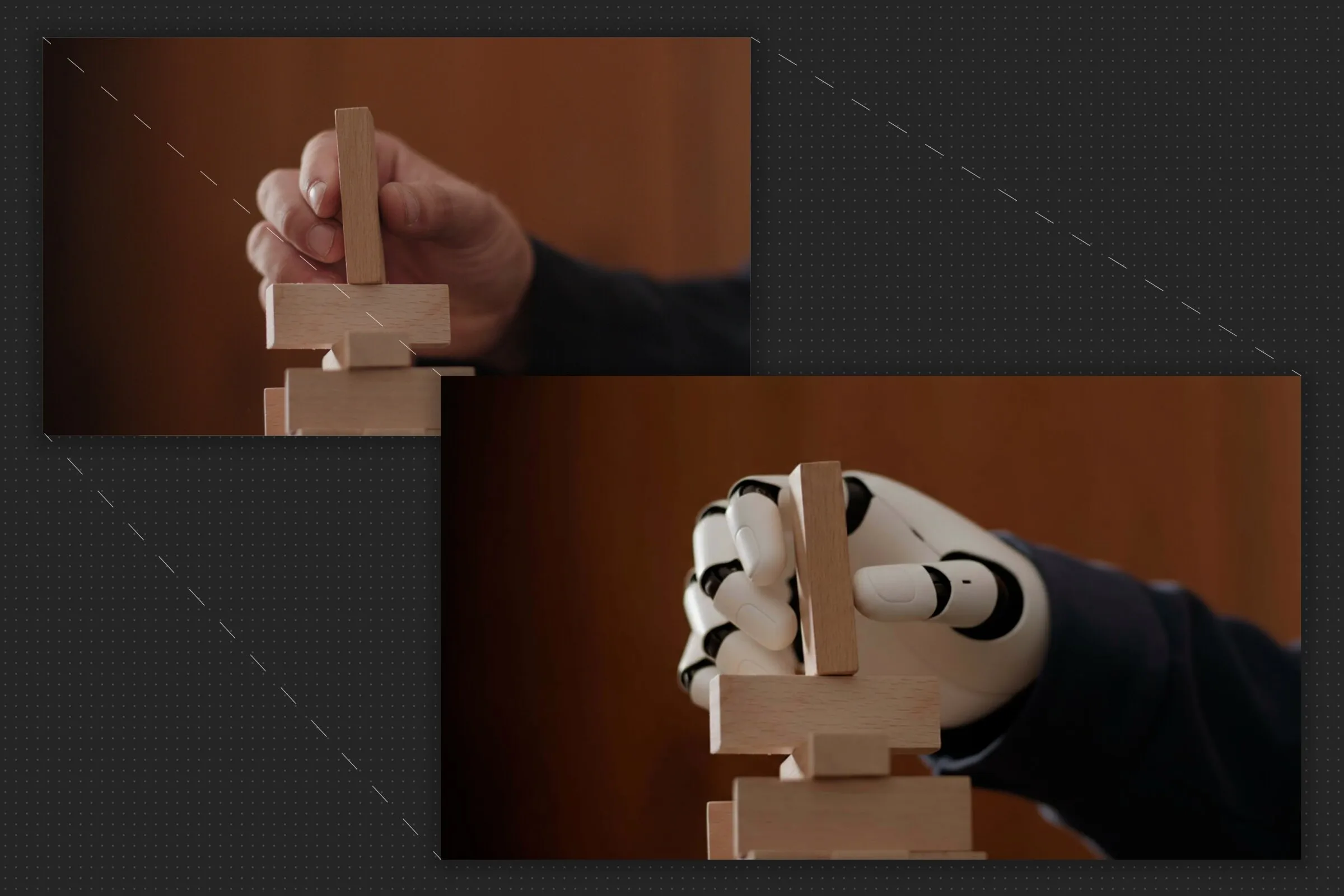 Before and after: hand stacking wooden blocks