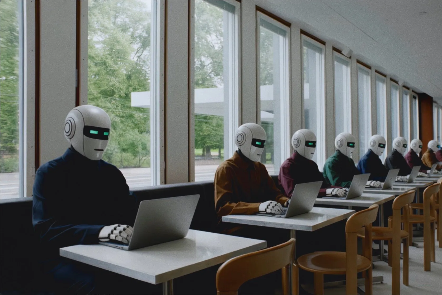 Robot at a row of desks