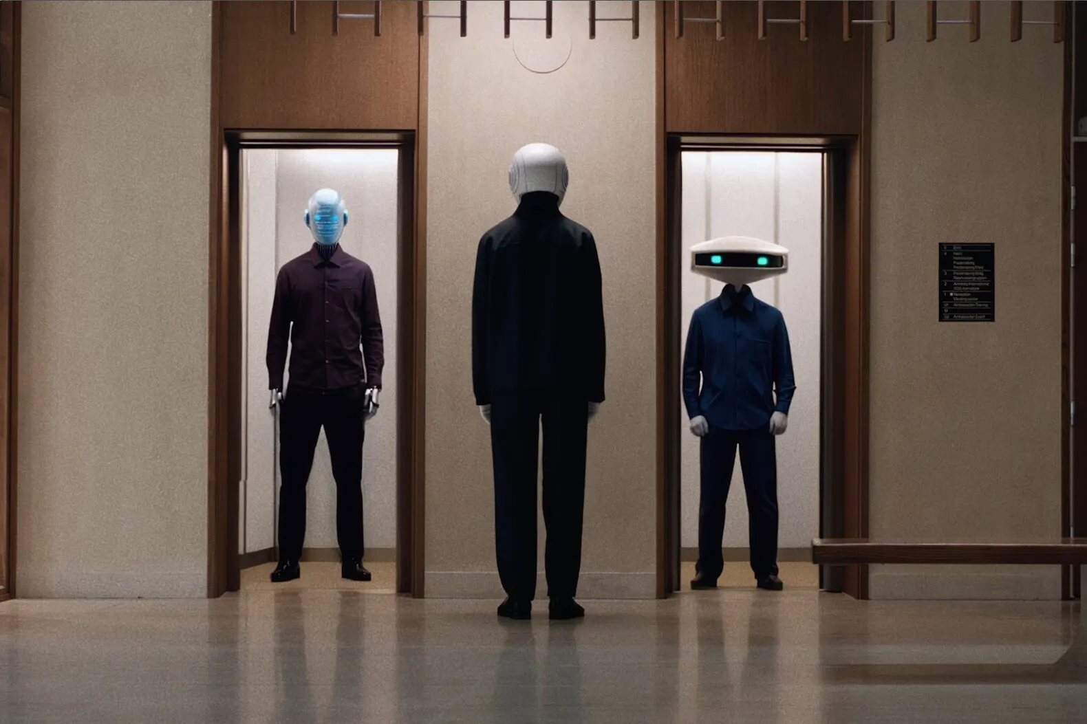 Three figures in elevator doors